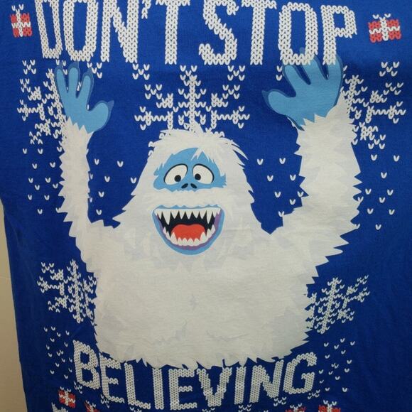 Rudolph Red Nosed Reindeer Abominable Snowman Don't Stop Believing Blue Tshirt L - Picture 2 of 4